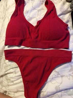 H&M Red Ribbed Bralette and Bikini Brief Set